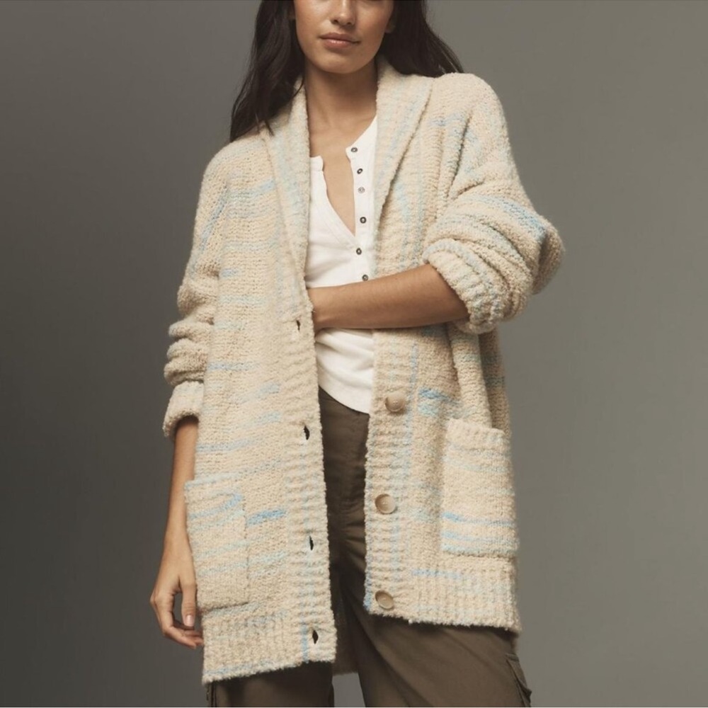 NWT Anthropologie Pilcro Beige and Blue Oversized Cardigan Sweater w/ Pockets - Picture 1 of 11